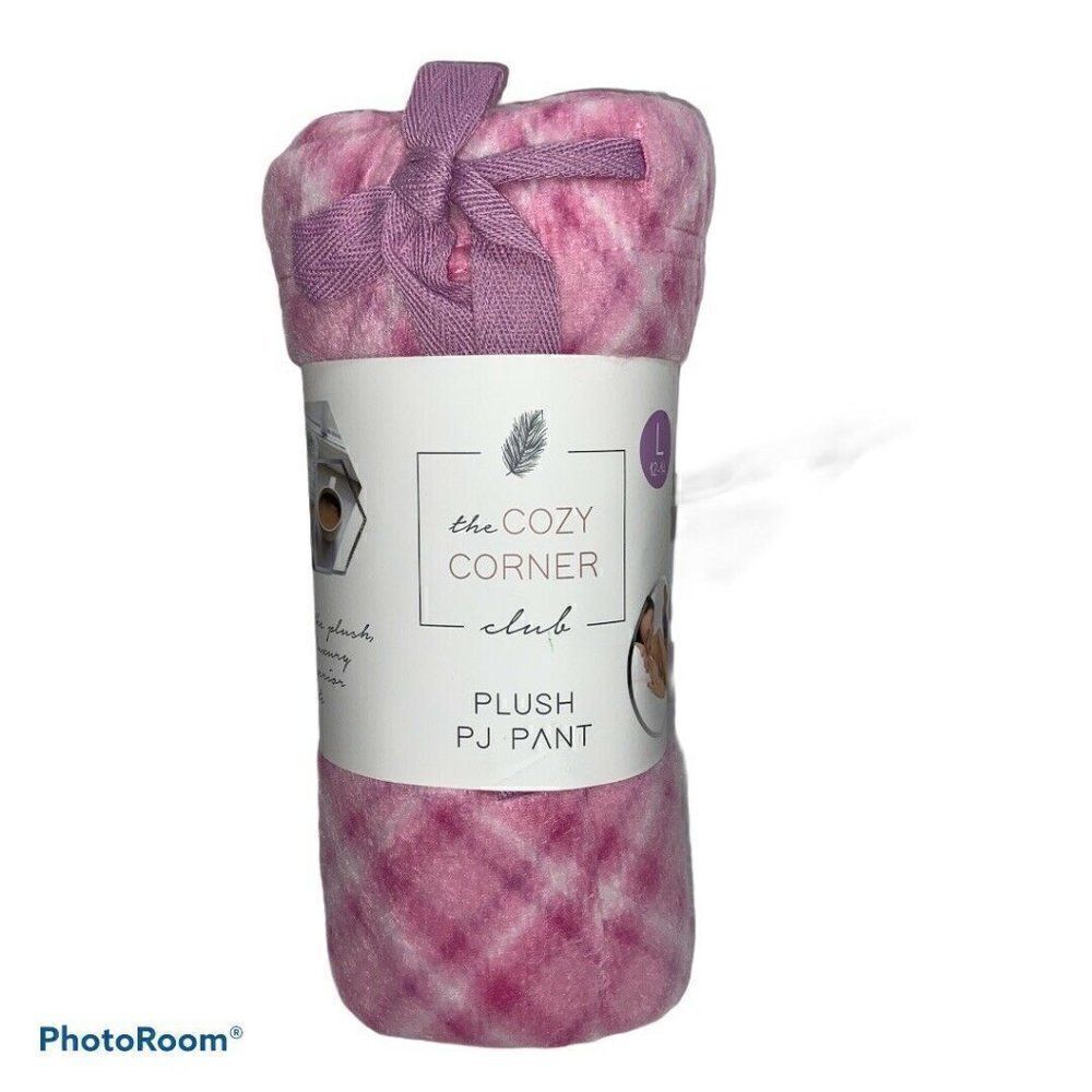 The Cozy Corner PINK PLAID Fleece Plush Pajama Pants Womens Large Size 12-14 NWT